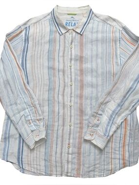 Tommy Bahama Shirt Mens Size 3XL Long Sleeve Button 100% Linen White Striped